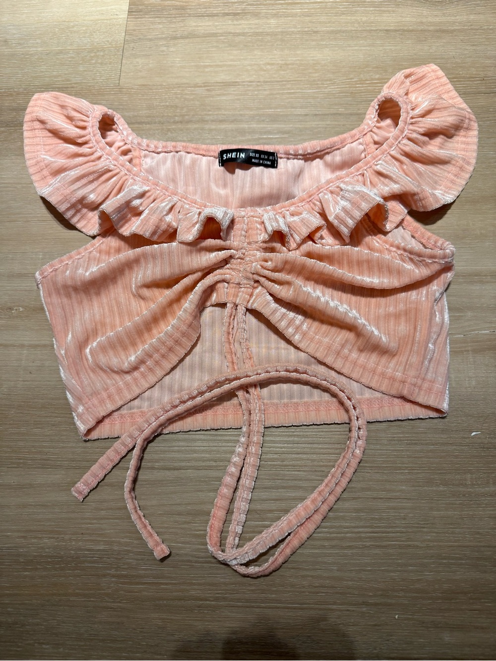 SHEIN Peach Ruched Ruffle Cropped Tie Top